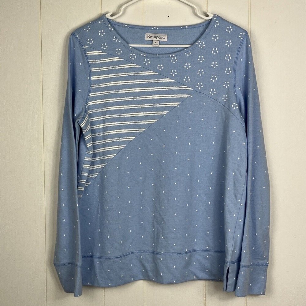 Kim Rogers Women Sweater Top Small Blue White Stripes Dots Long Sleeve Stretch